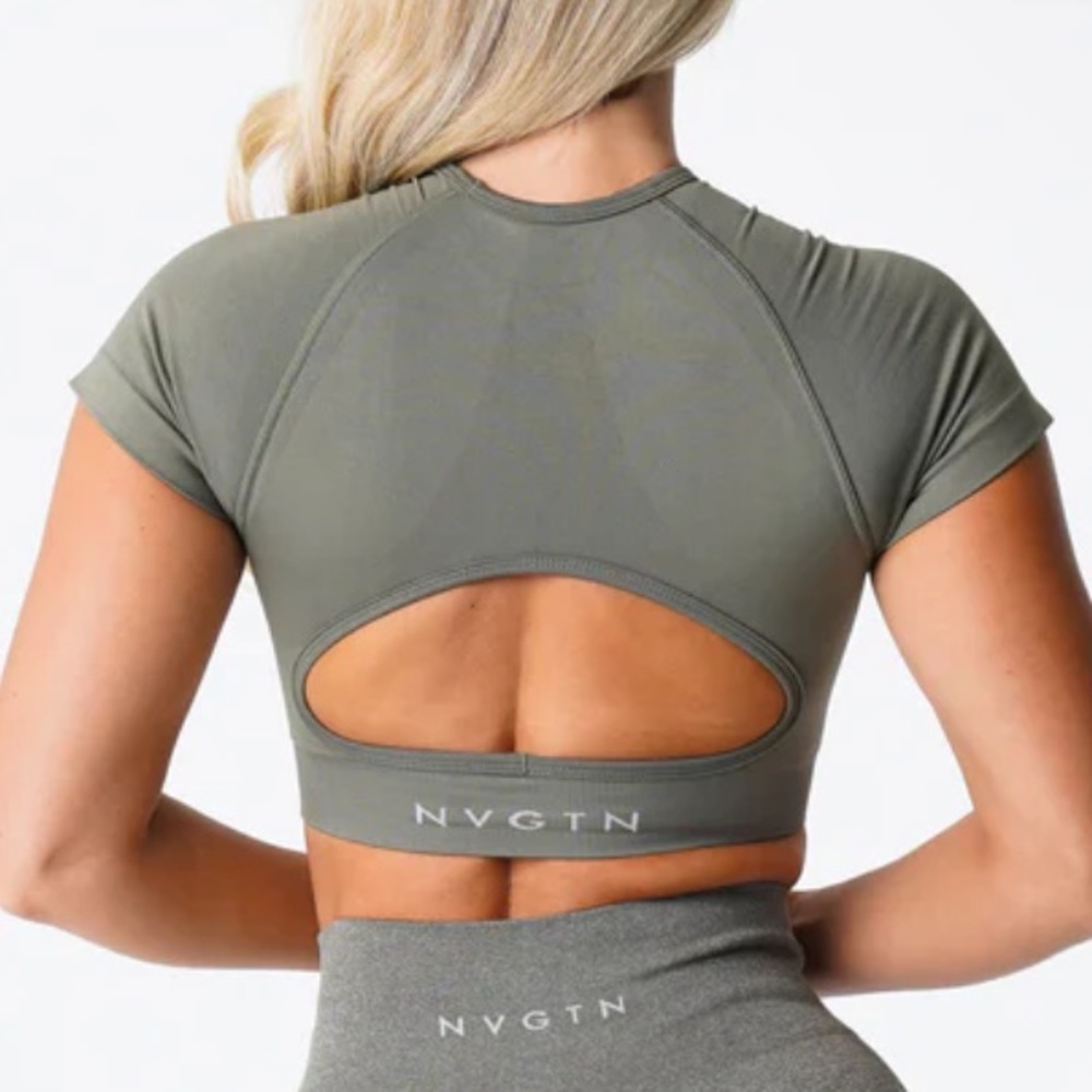 nvgtn khaki green vortex seamless open back bra top